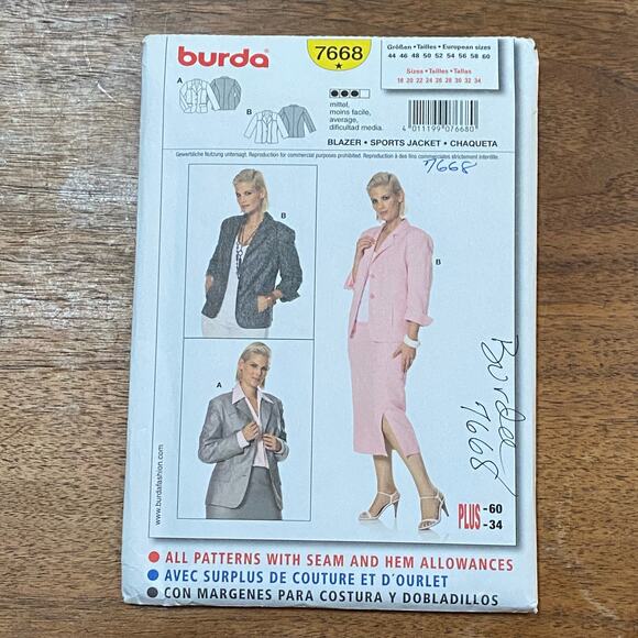 Burda sewing pattern #7668 blazer sports jacket UNCUT plus size US 18-34 - Picture 2 of 6